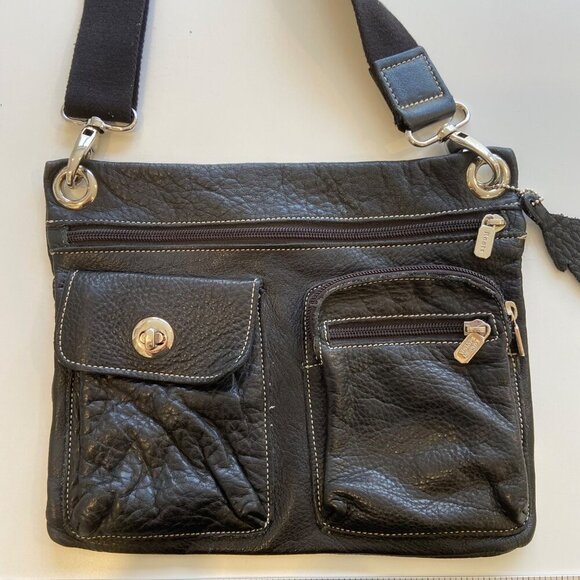 Roots 73 Black Pebble Leather Crossbody Bag Adjustable Strap & Multiple Pockets - Picture 9 of 14